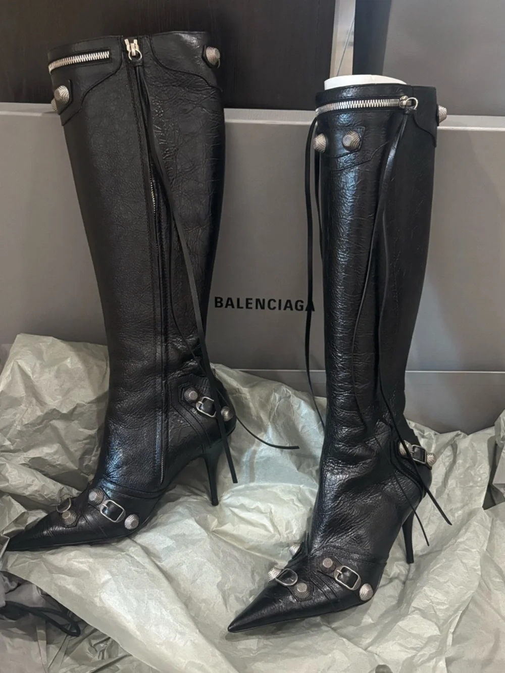 Balenciaga Black Leather cagole Pointed Stiletto Boots - Picture 1 of 5